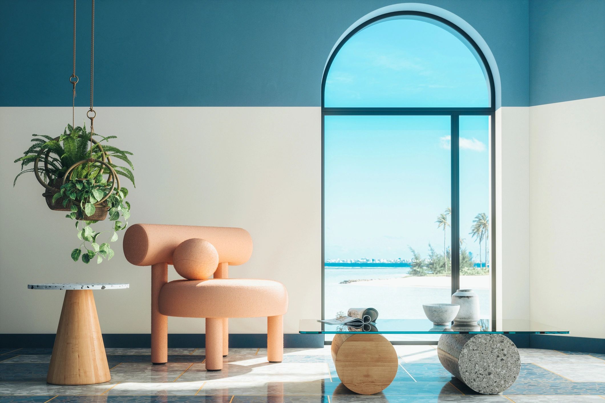 Mid-century modern living room with coral accents
