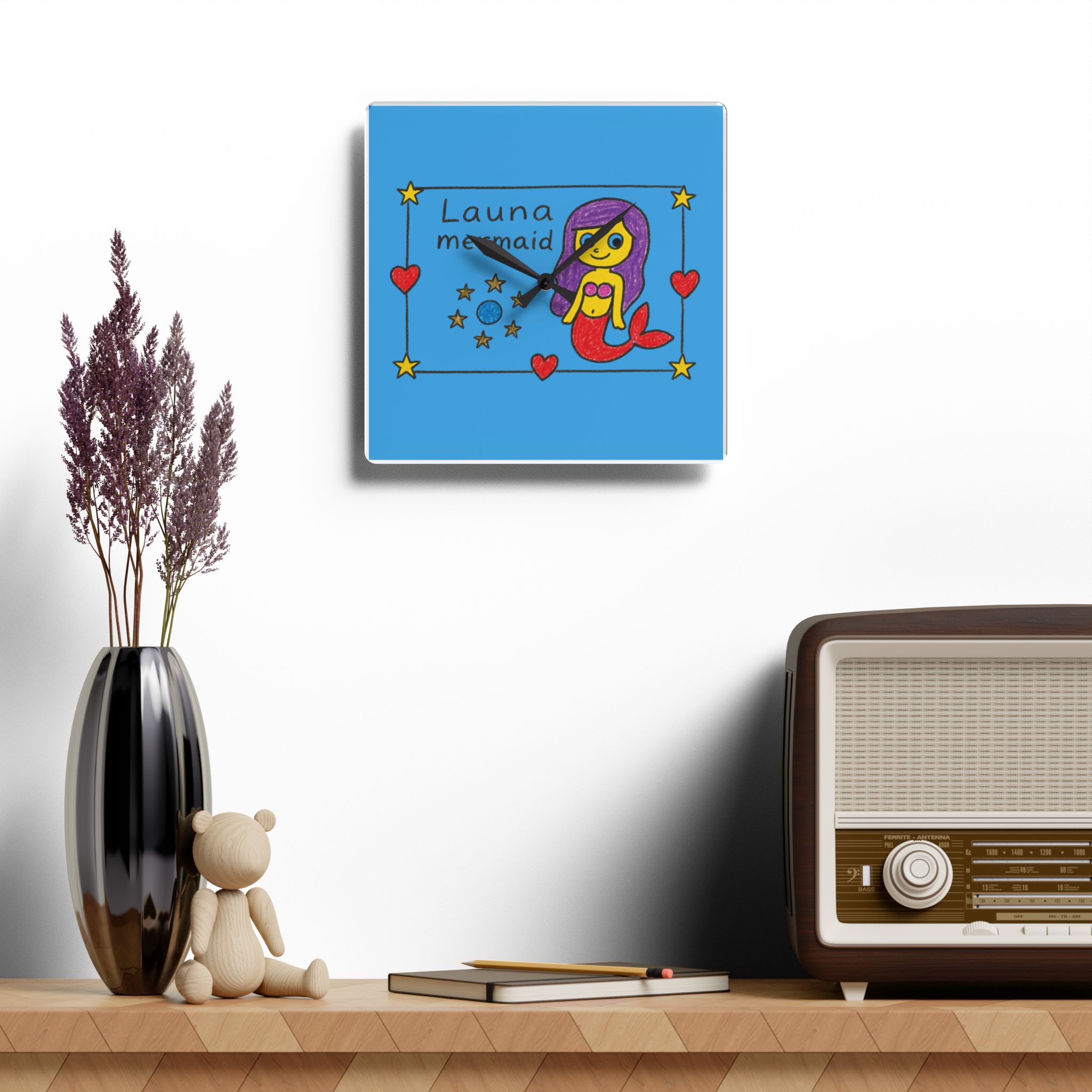Mermaid Illustration Acrylic Wall Clock | Kids Room Nautical Decor Launa Mermaid - Image 10