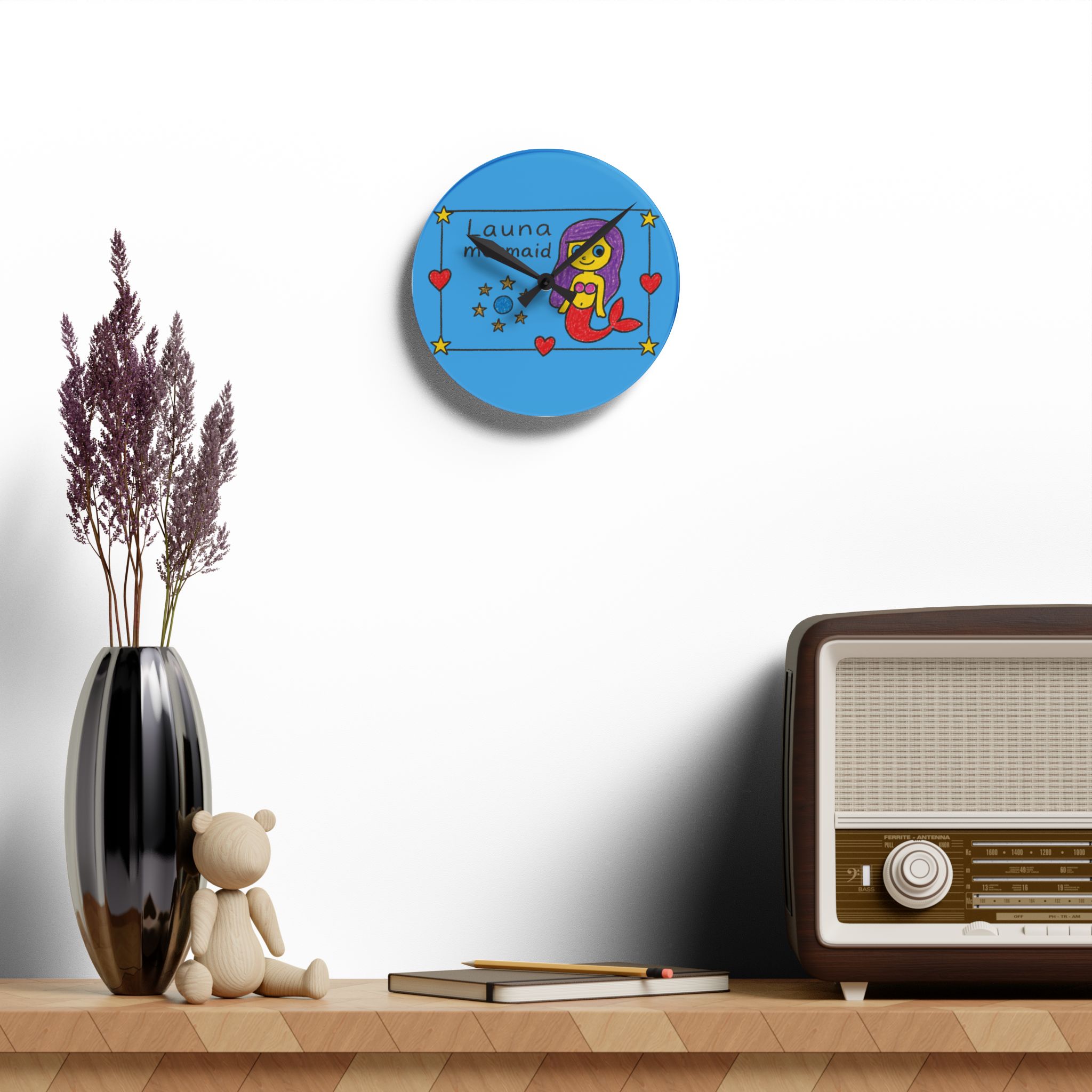 Mermaid Illustration Acrylic Wall Clock | Kids Room Nautical Decor Launa Mermaid - Image 4