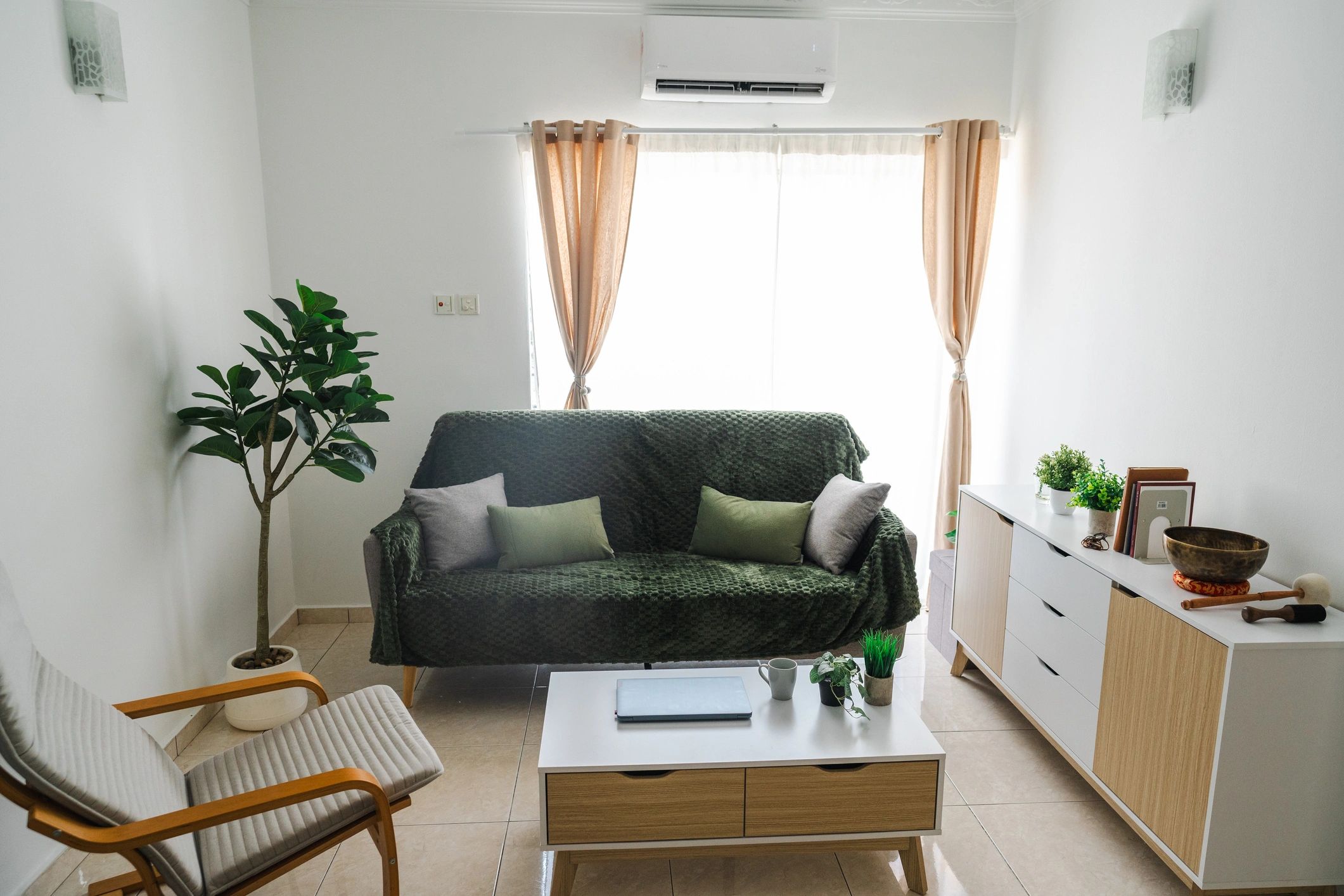 Simple modern living room with sofa and armchair