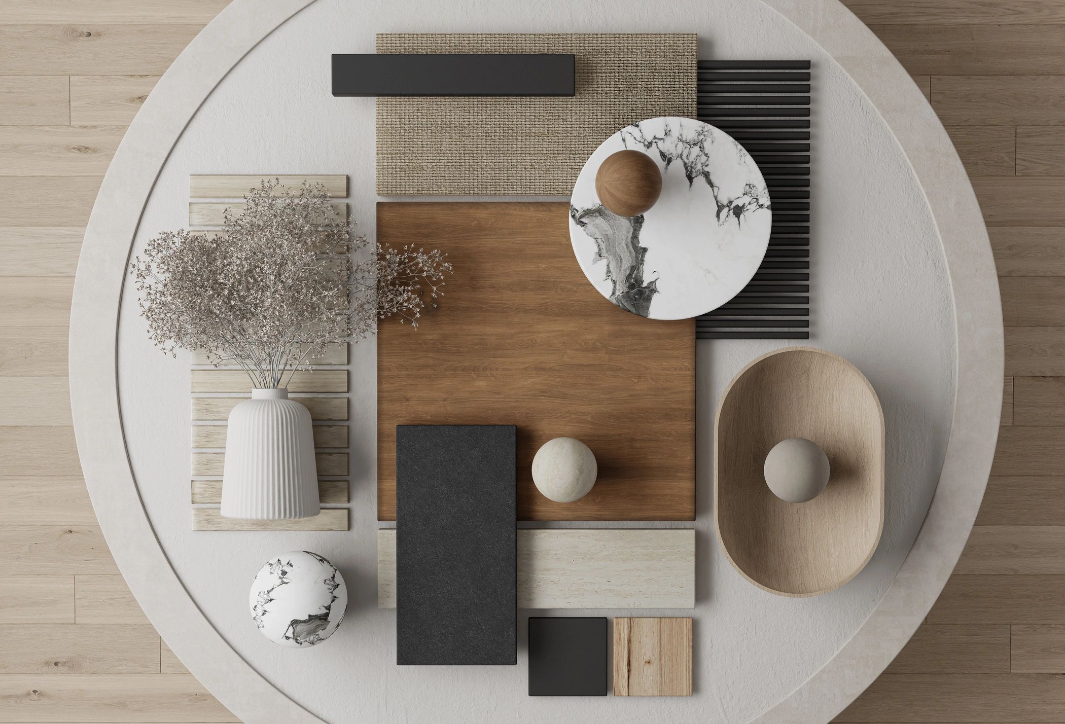Interior design moodboard flat lay with natural textures