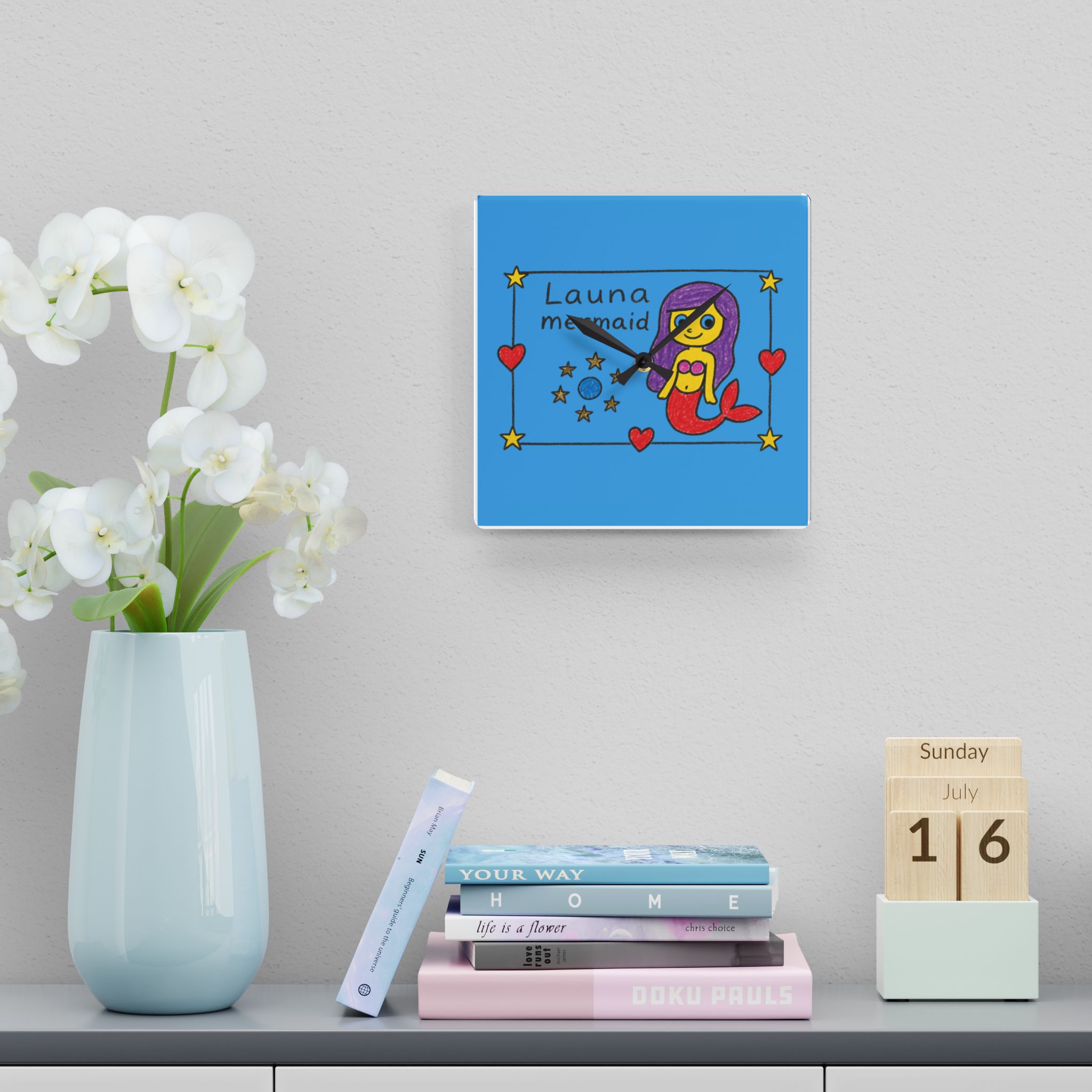 Mermaid Illustration Acrylic Wall Clock | Kids Room Nautical Decor Launa Mermaid - Image 12
