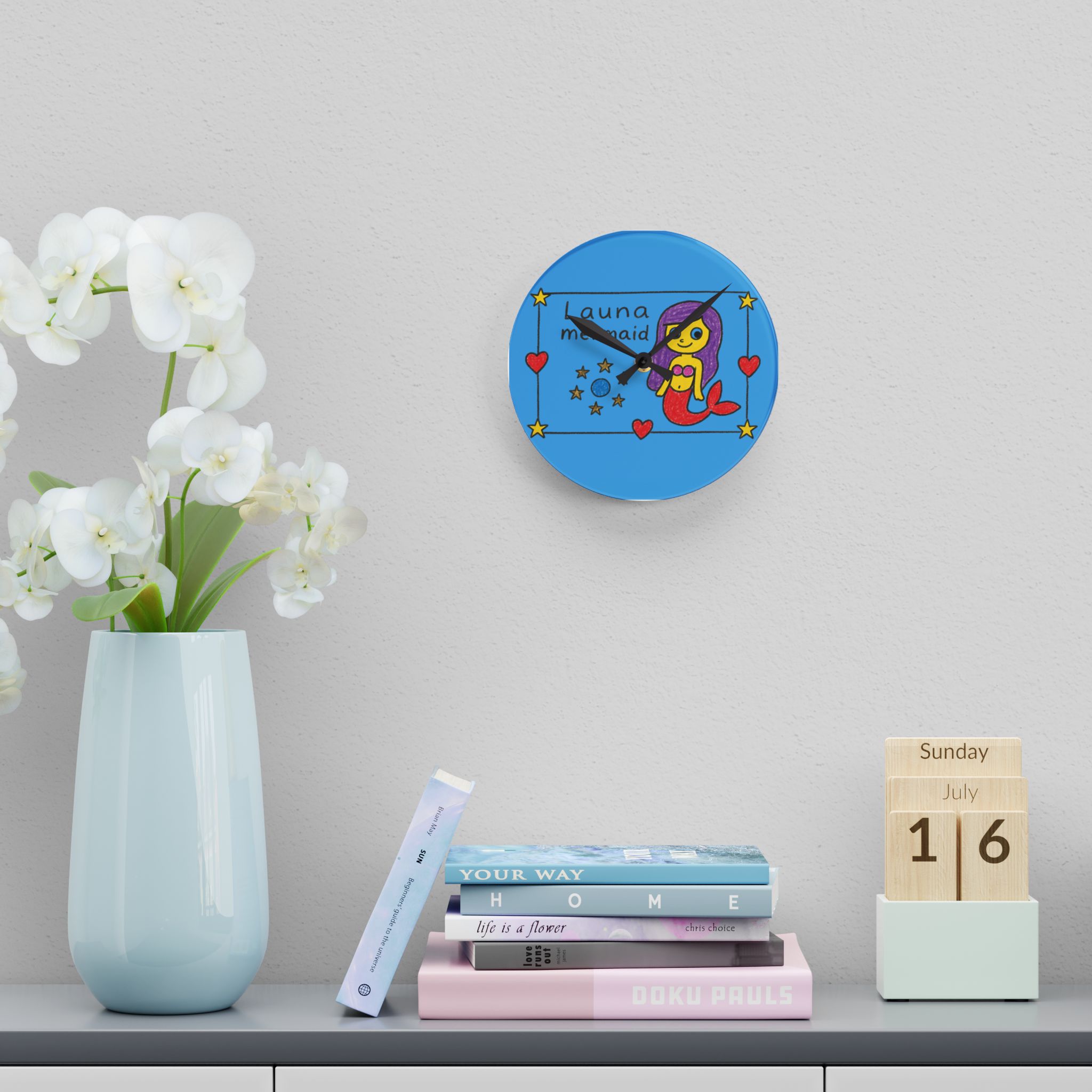 Mermaid Illustration Acrylic Wall Clock | Kids Room Nautical Decor Launa Mermaid - Image 6