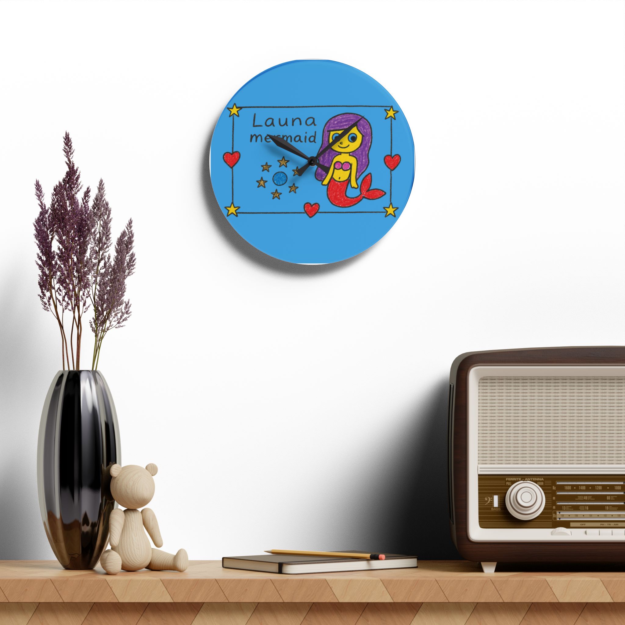 Mermaid Illustration Acrylic Wall Clock | Kids Room Nautical Decor Launa Mermaid - Image 16