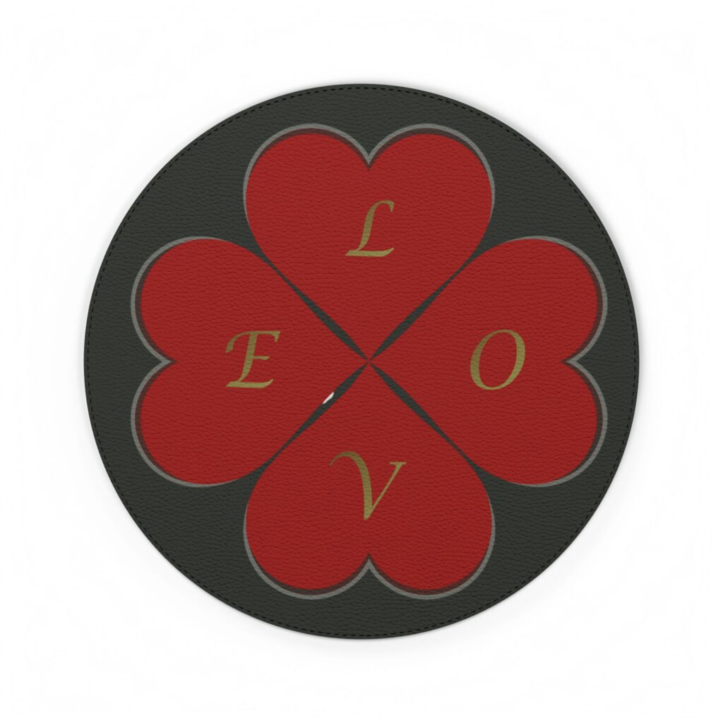 Four red hearts forming clover spelling LOVE
