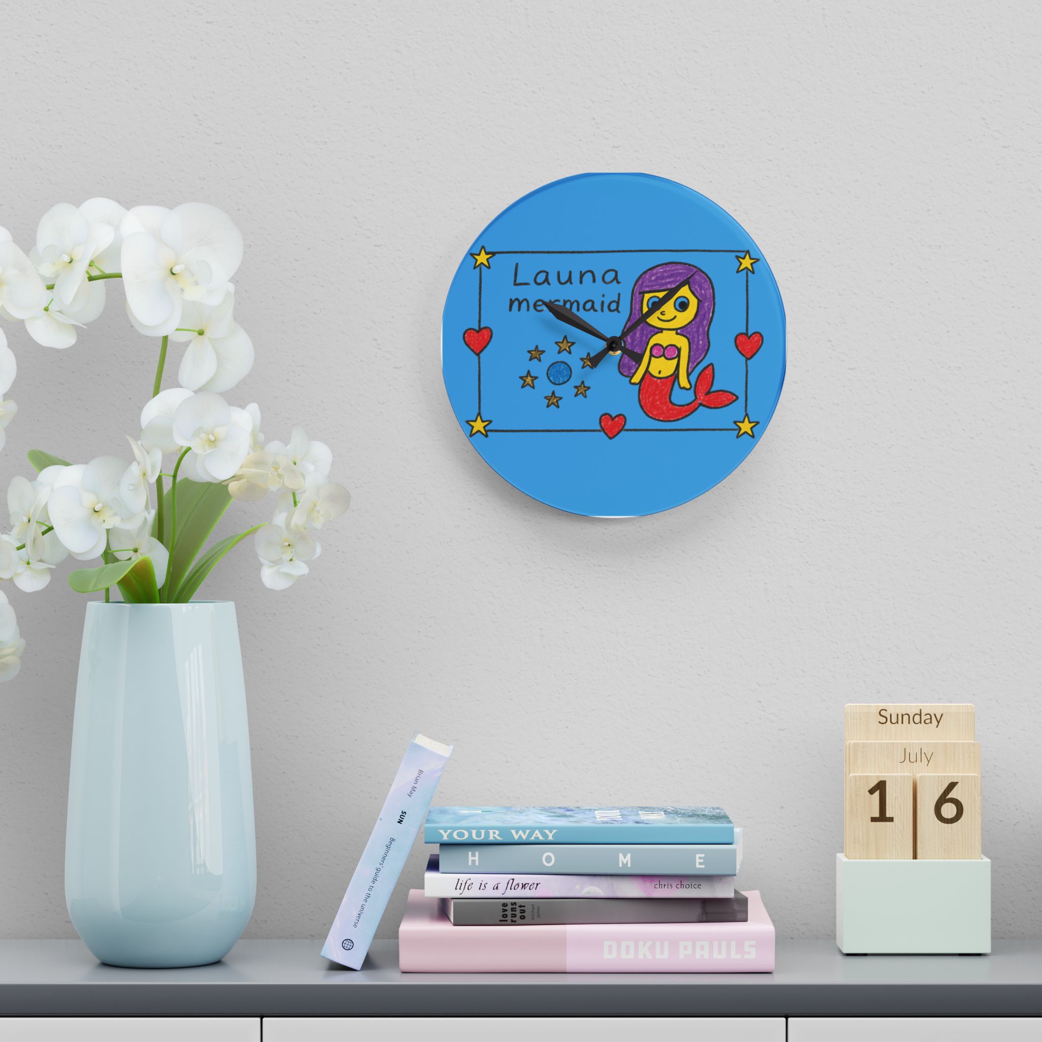 Mermaid Illustration Acrylic Wall Clock | Kids Room Nautical Decor Launa Mermaid - Image 17