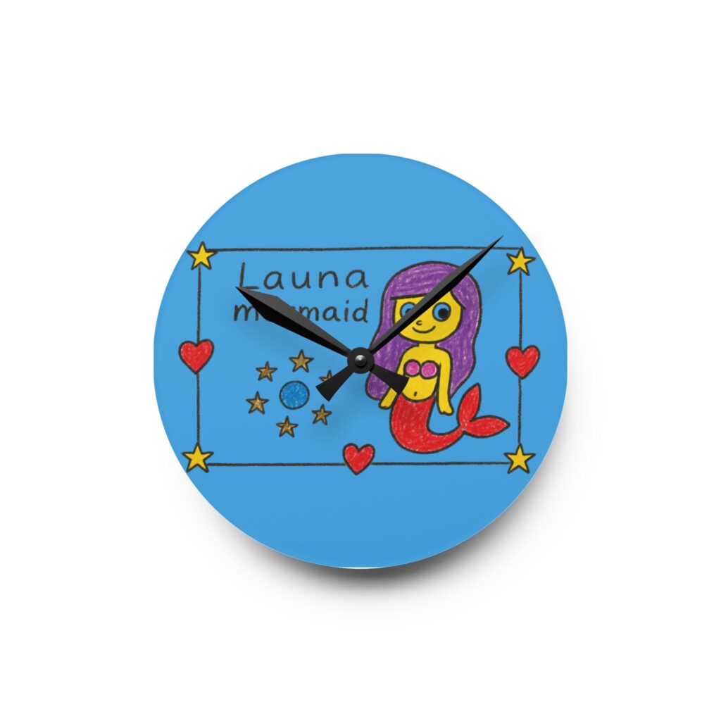 Blue round clock with cartoon mermaid