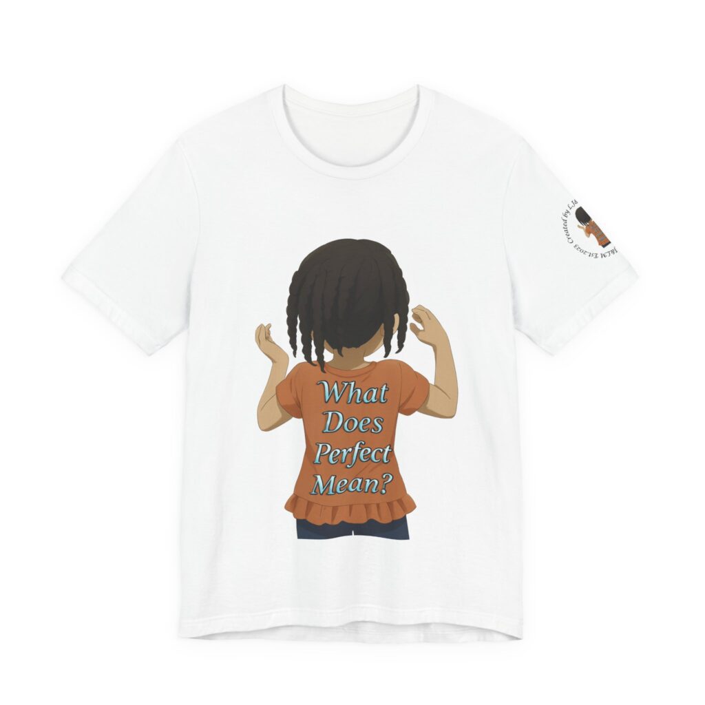 White tee with back-facing child and slogan