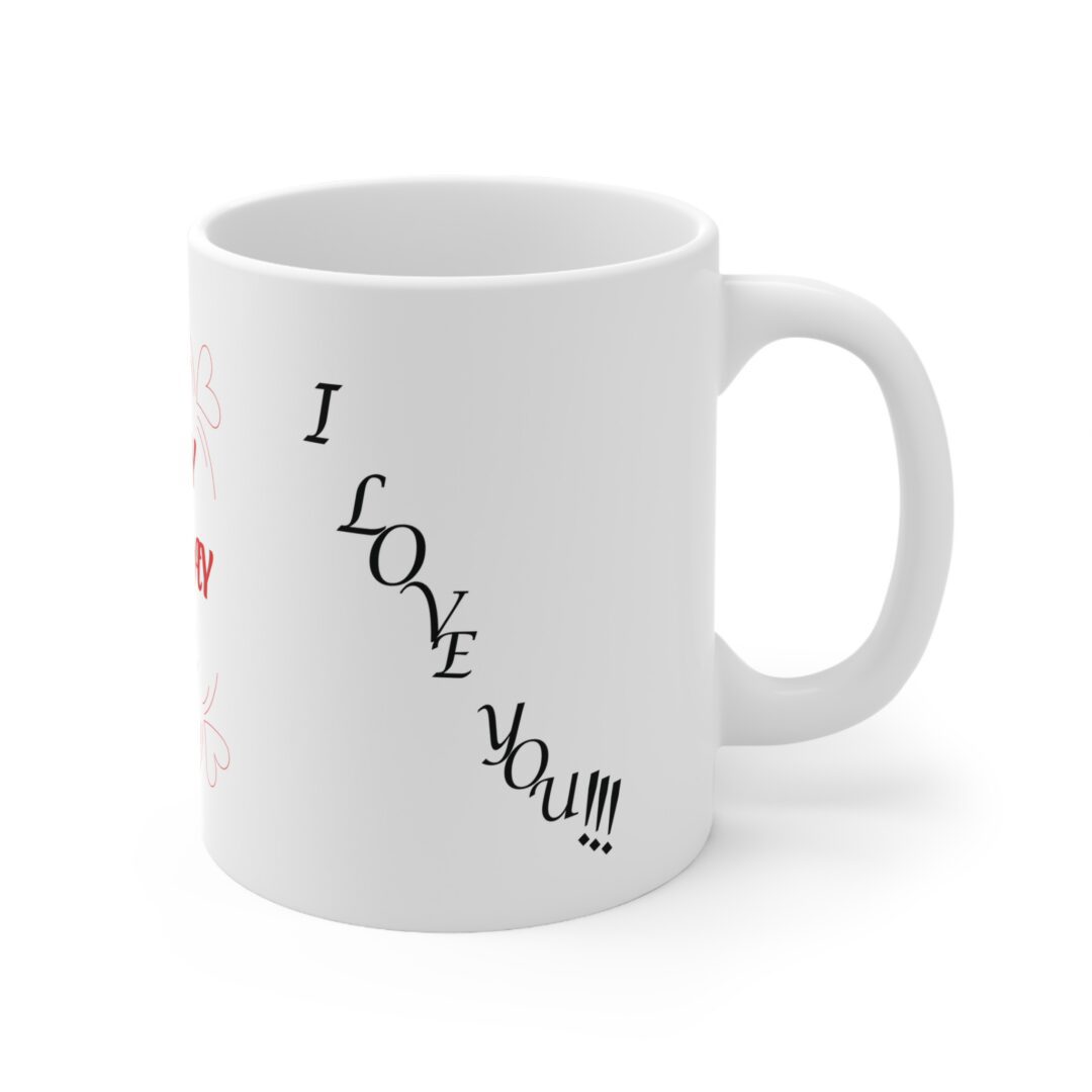 Close-up of white mug with vertical text