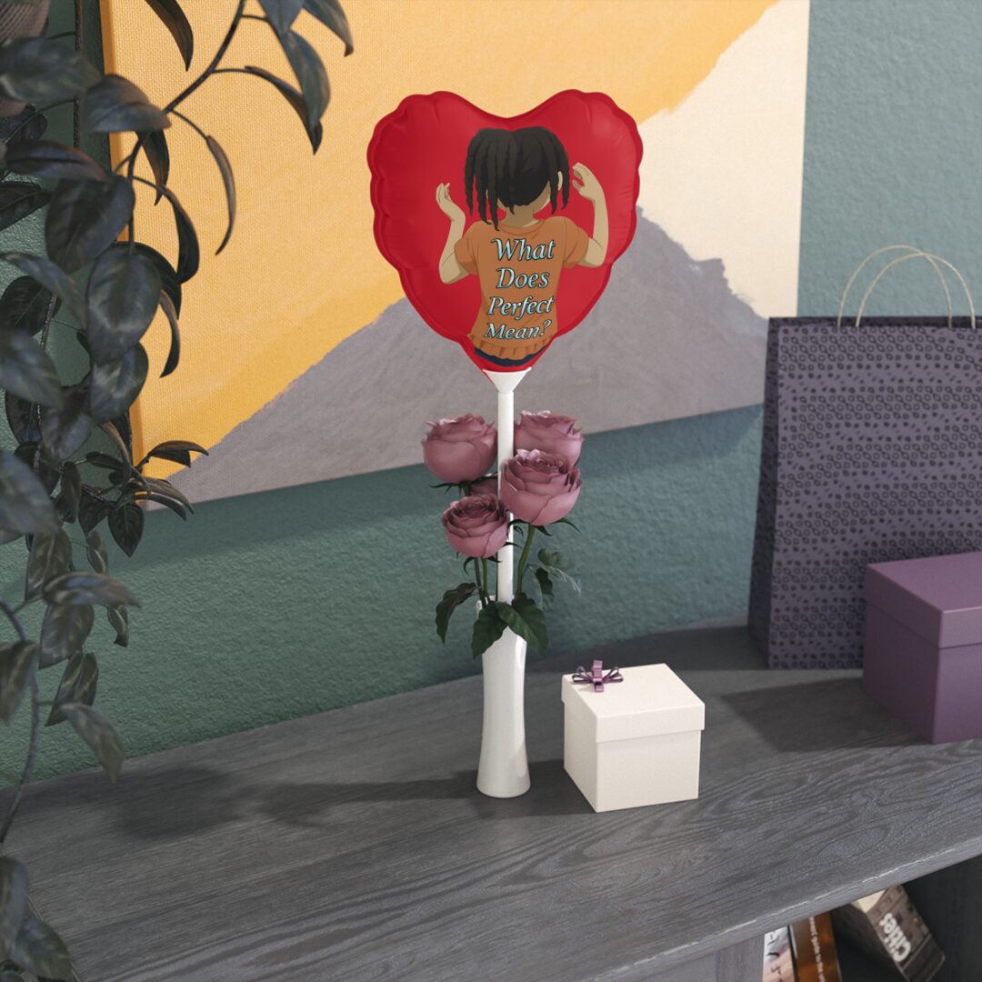 Red heart balloon with child illustration, roses