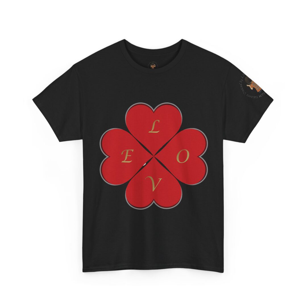 Black t-shirt with red heart-shaped clover