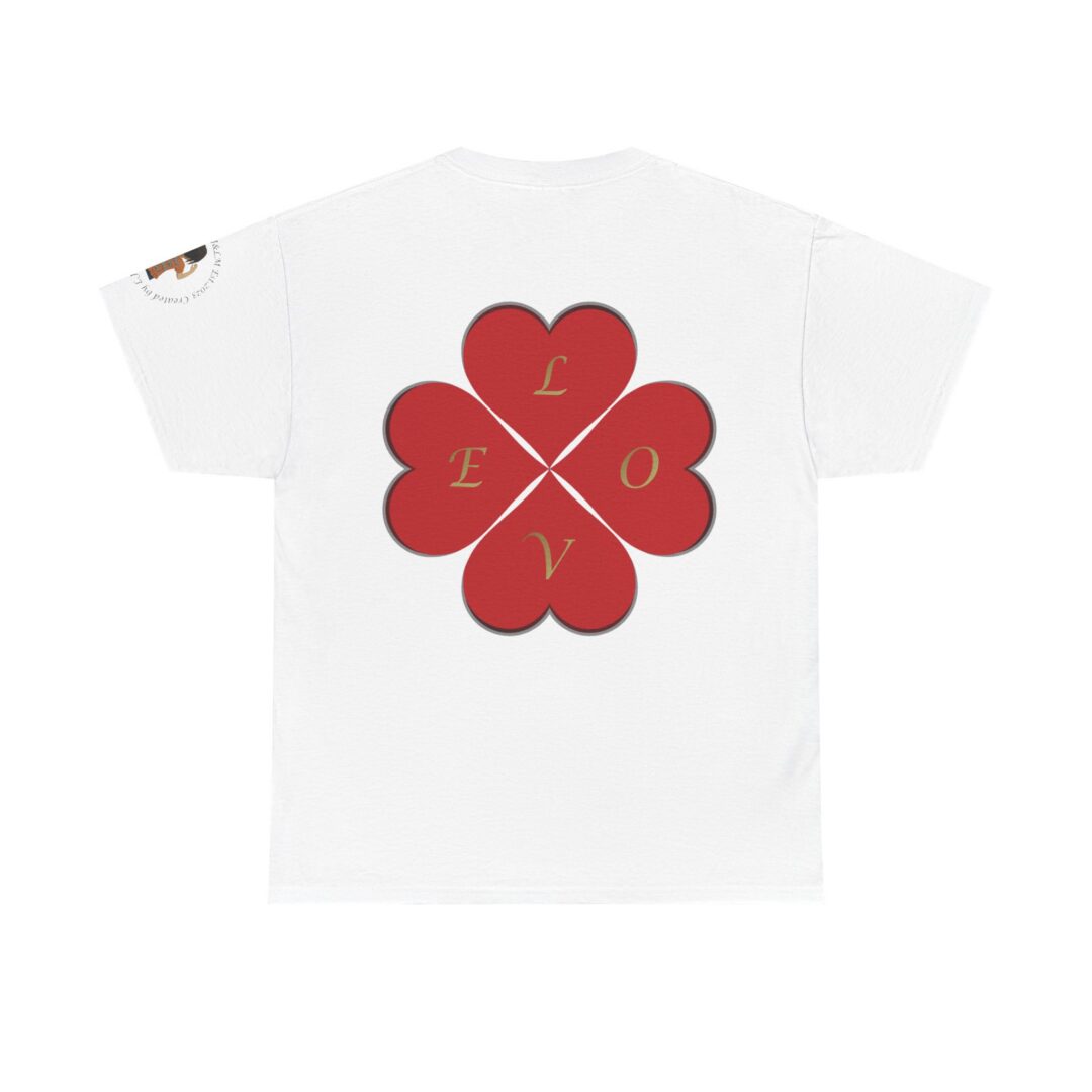 White T-shirt back with red heart clover