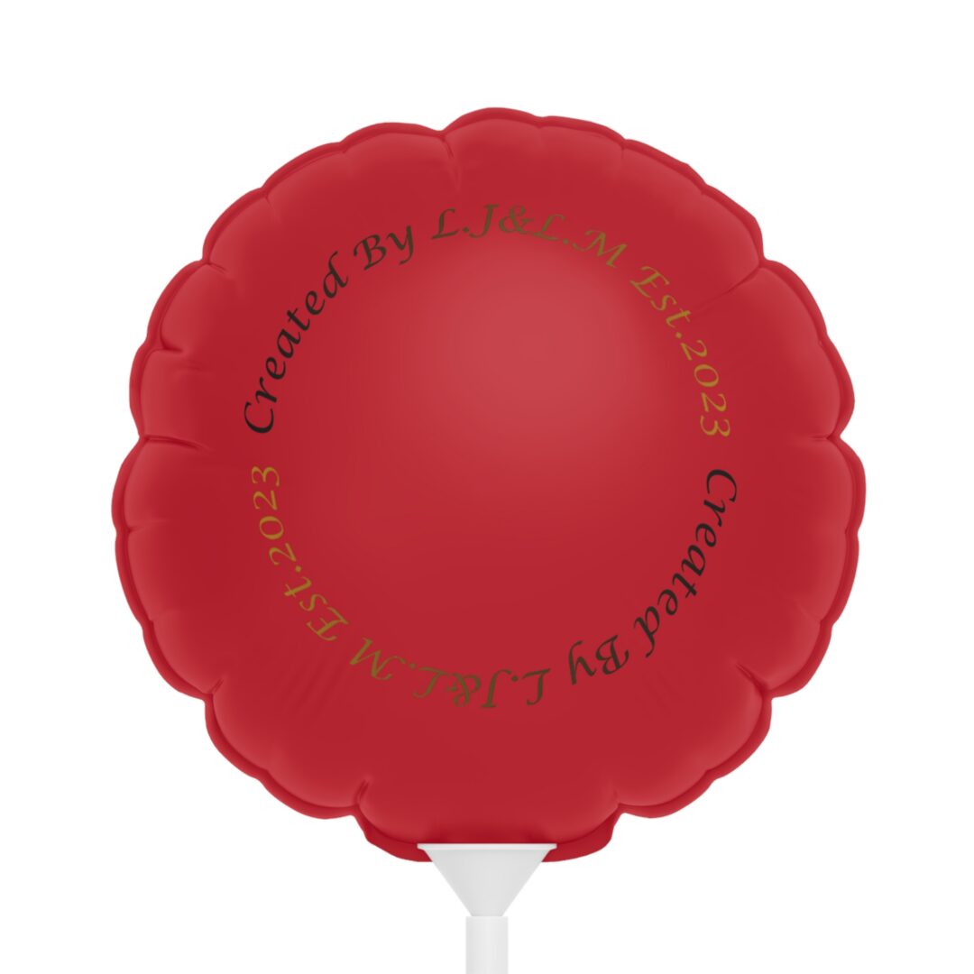 Red scalloped round balloon with printed text