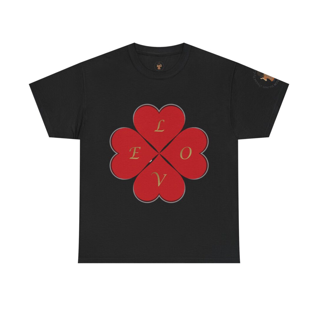 Black t-shirt with red heart-shaped flower