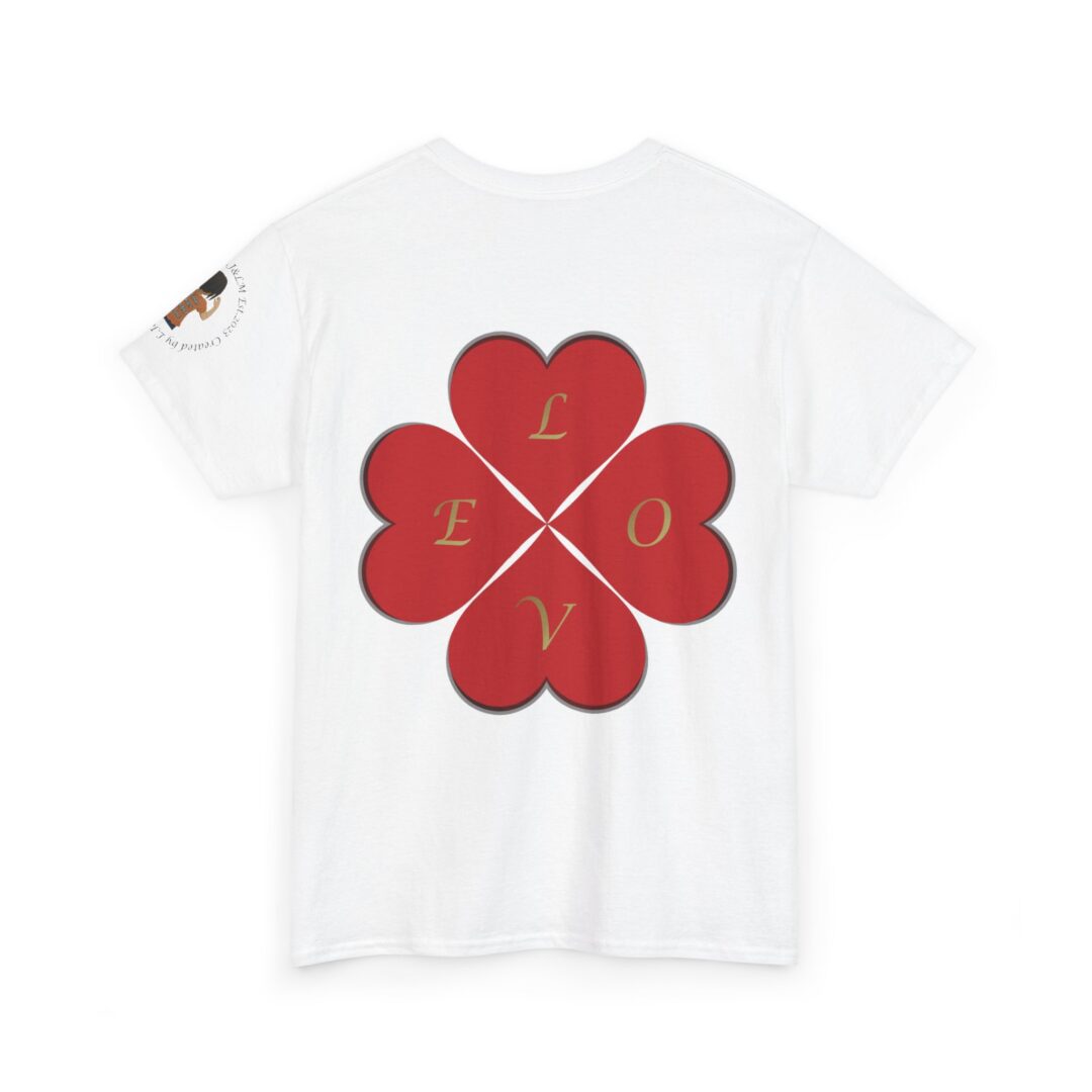 White t-shirt with red clover graphic