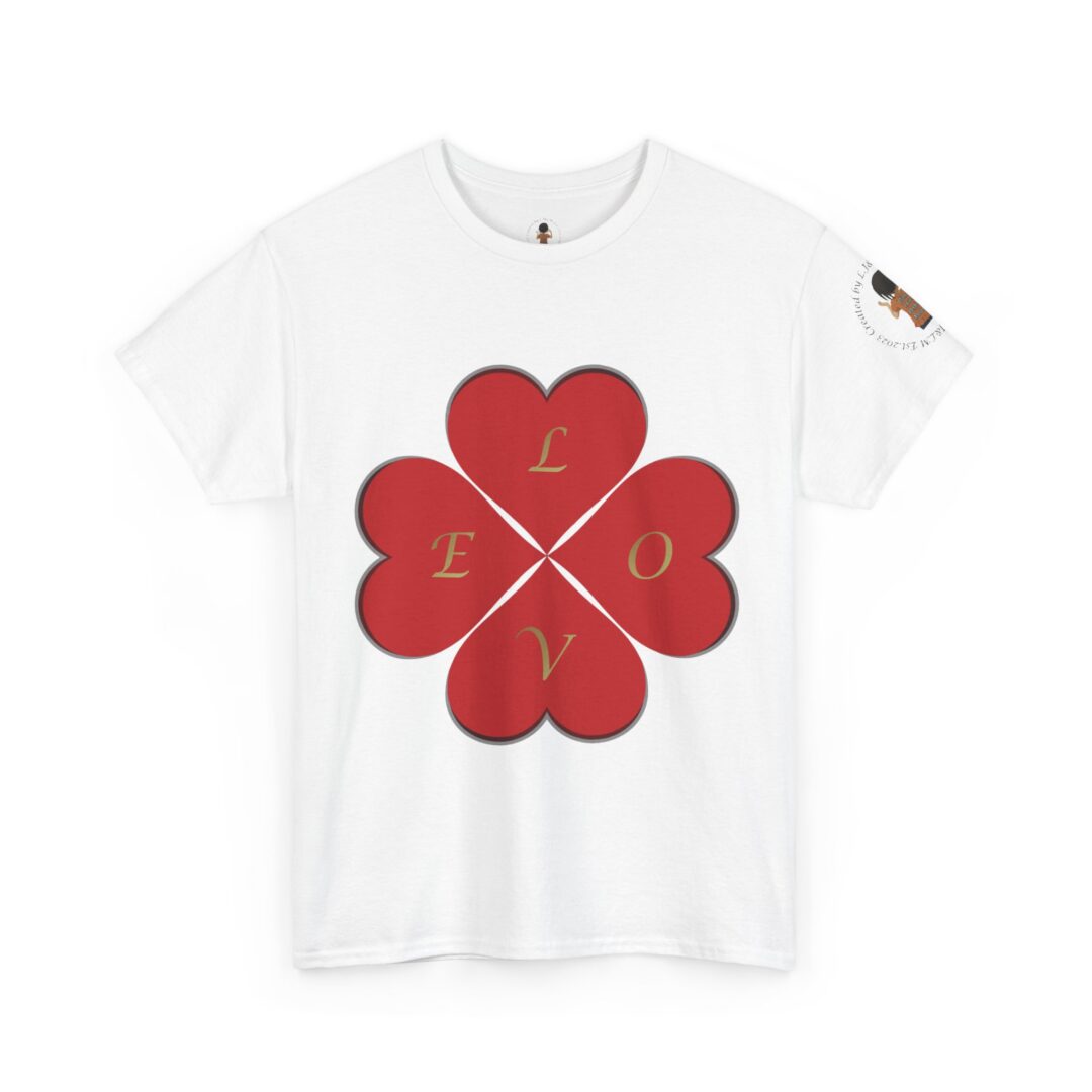 White t-shirt with red heart-shaped flower