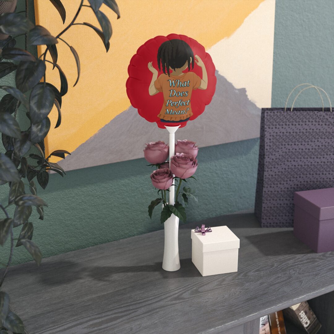 Red balloon with illustrated child and roses
