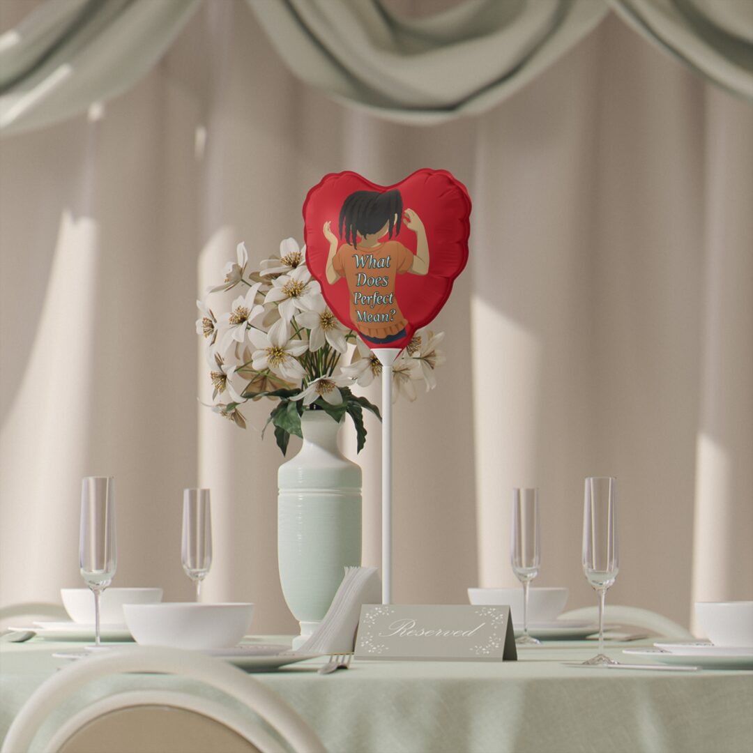 Vase of white flowers with heart balloon