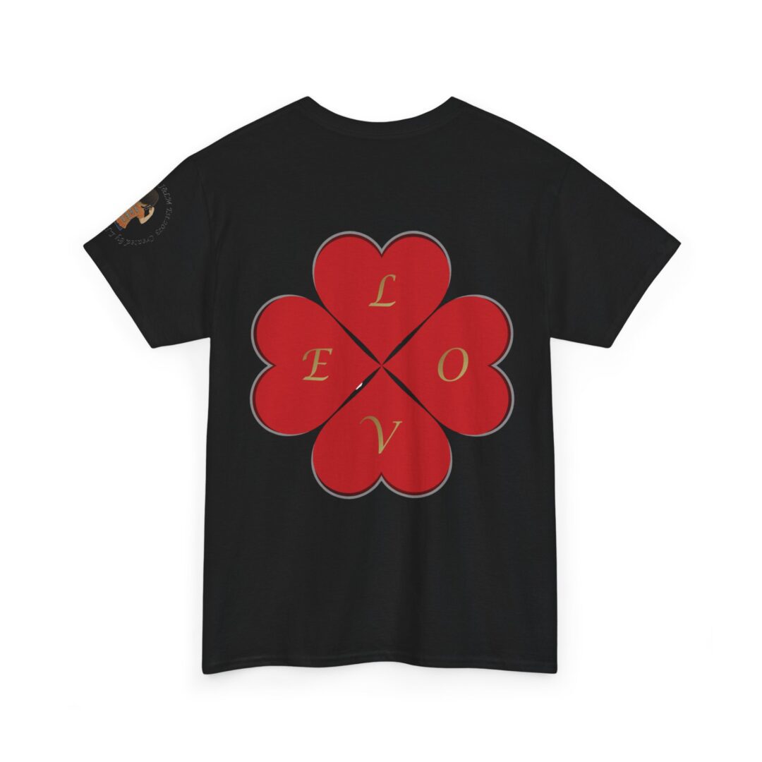 Black tee with red heart-petal design