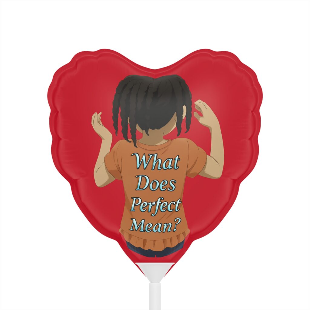 Child with braids inside red heart balloon